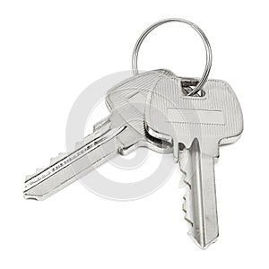 Two keys on key ring isolated on white background