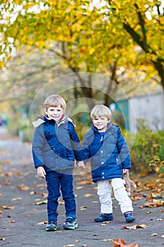 Two kid boys walking together in autumn park