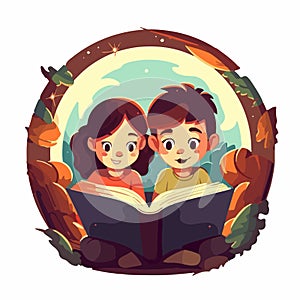two kid reading fantasy book with light come out enclose circle t shirt print