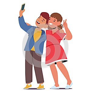 Two Kids Boy And Girl Characters Grinning Widely, Heads Close Together, Capturing A Joyous Moment In A Playful Selfie