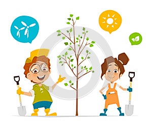 Two kids boy and girl planting a tree