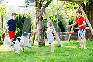 Two kids boys and little toddler girl playing with family dog in garden. Three children, adorable siblings having fun