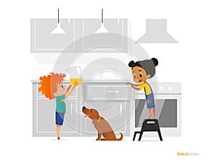 Two kids cooking morning breakfast in kitchen. Girl in apron standing on stool, boy putting pitcher with juice on table and dog. O