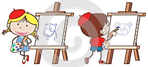 Two kids drawing on canvas