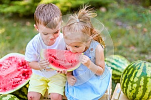 Two kids eating one slice of watermelon in the garden. Kids eat fruit outdoors. Healthy snack for children. 2 years old girl and