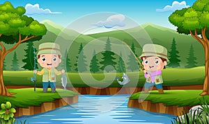 Two Kids fishing fish cartoon