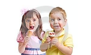 Two kids girl and boy eating ice cream isolated on white