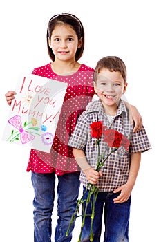 Two kids with greetings for mum