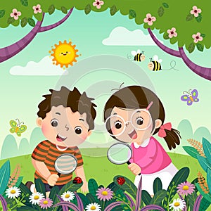 Two kids looking through magnifying glass at ladybugs on plants. Children observing nature