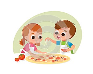 Two kids making pizza. Boy and girl cooking