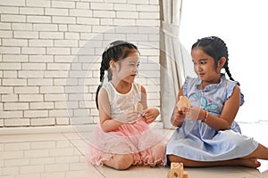 Two kids play with toy blocks on the floor of the children room.