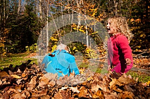 Two kids playing in autumn leaf