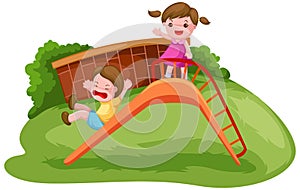 Two kids playing on the slide