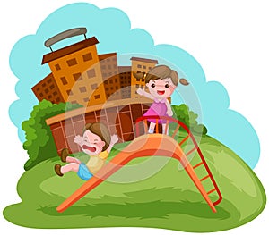 Two kids playing on the slide