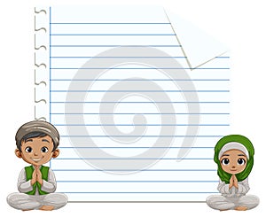 Two kids praying with empty lined paper