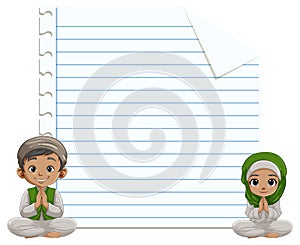 Two kids praying beside lined paper