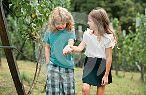 Two kids relaxing outdoors at summer park. Brother and sister happy walking in nature. Siblings boy and girl playing in