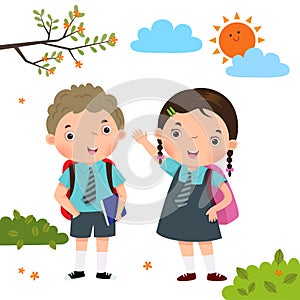 Two kids in school uniform going to school photo