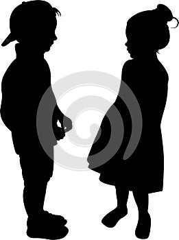 Two kids talking, standing bodies silhouette vector photo