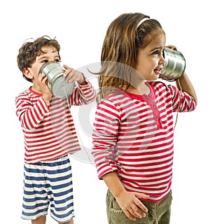 Two kids talking on a tin phone
