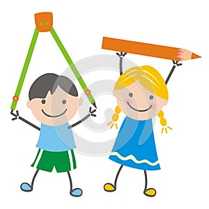 Two kids with teaching aids, humorous vector illustration