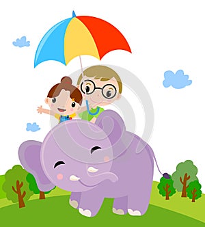 Two kids with umbrella and elephant