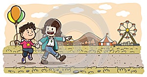 Two kids walking holding hands â€“ sepia horizontal amusement park background