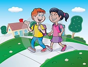 Two Kids Walking To School With Backpacks