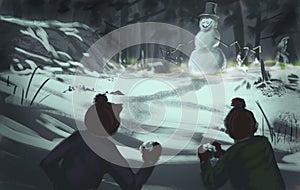 Two kids in winter clothes throwing snowballs at a dangerous evil snowman creature - digital fantasy illustration