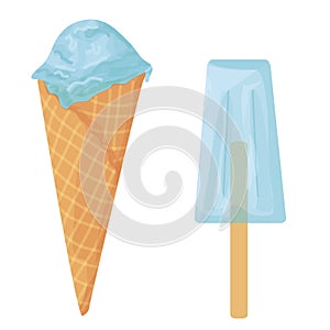 Two kinds of ice cream sundae in waffle cone and popsicles isolated on white background. sweet food. vector flat.