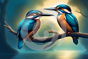 Two kingfishers sitting on a branch of a tree in the forest. Generative AI