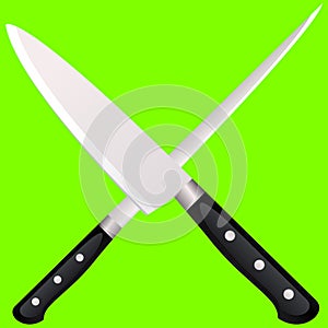Two kitchen knives cross on a colored background