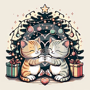 Two kittens holding each other paws under a christmas tree