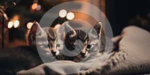 Two kittens laying on a blanket in front of a christmas tree. Generative AI image.