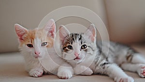 Two kittens lie on the couch and look at the camera