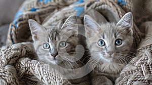 Two kittens lie together under blanket photo