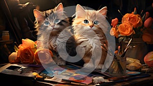 Two kittens with a palette of paints and brushes on a dark background