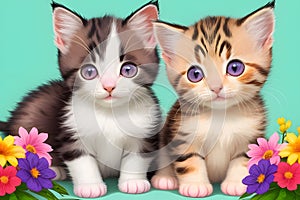 Two kittens with purple eyes sitting between colorful flowers with a cute smile on their face. Generative illustration ai