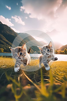 Two kittens running in the grass near a body of water. Generative AI image.