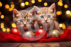 Two kittens sit next to each other in front of set of Christmas balls. Generative AI