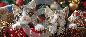 Two Kittens Sitting in Christmas Present Box