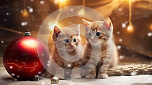 Two kittens sitting near a Christmas ornament