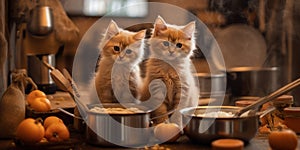 Two kittens sitting next to each other in a kitchen. Generative AI image.