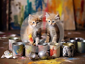 Two kittens sitting on top of cans of paint. Generative AI image.