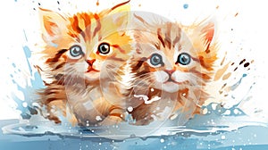 Two kittens splash water on a white background, AI