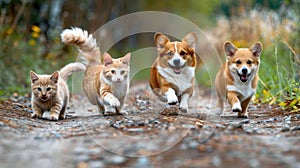 Two kittens and two Corgi puppies running on a forest path.