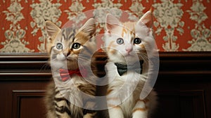 Two kittens wearing bow ties sitting on a wooden floor, AI