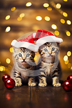 Two kittens wearing Santa hats sit in front of Christmas ball background. Generative AI