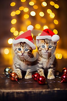 Two kittens wearing Santa hats sit in front of Christmas ball tree. Generative AI