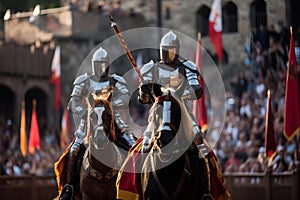 two knights on horses in a large stadium full of people